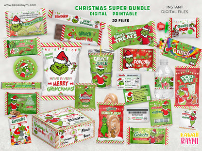 Grinchmas eve box labels template and christmas eve favor labels, instand download, grinchmas super bundle
