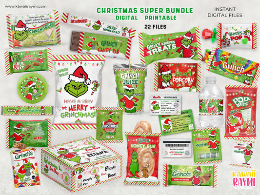 Grinchmas eve box labels template and christmas eve favor labels, instand download, grinchmas super bundle