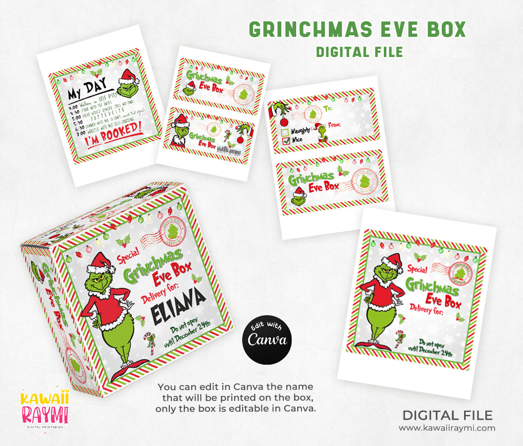 Grinchmas eve box template and christmas eve favor labels, instand download