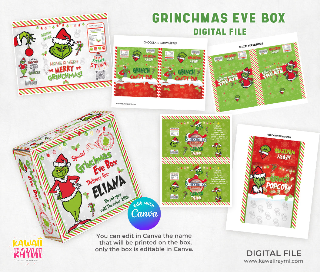 Grinchmas eve box template and christmas eve favor labels, instand download