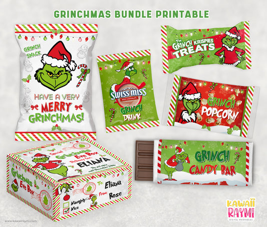 Grinchmas eve box template and christmas eve favor labels, instand download