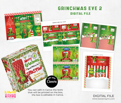 Grinchmas eve box template 2 and christmas eve favor labels, Instant download