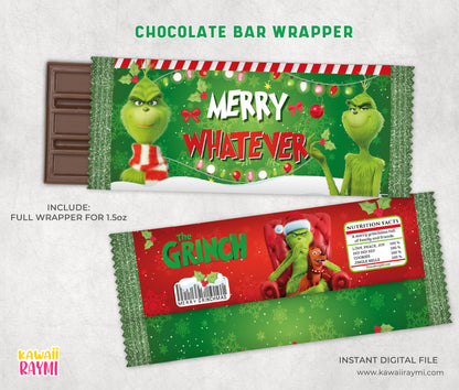 Grinch Christmas Chocolate Bar Wrapper, Merry Whatever- merry grinchmas digital file