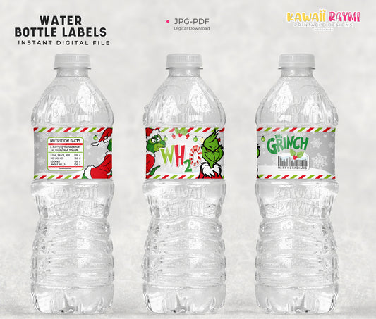Christmas water bottle label, merry grinchmas wh2o water labels, christmas party favors, grinchmas party
