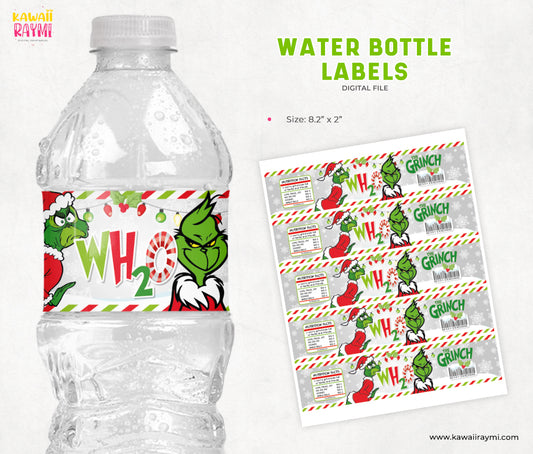 Christmas water bottle label, merry grinchmas wh2o water labels, christmas party favors, grinchmas party