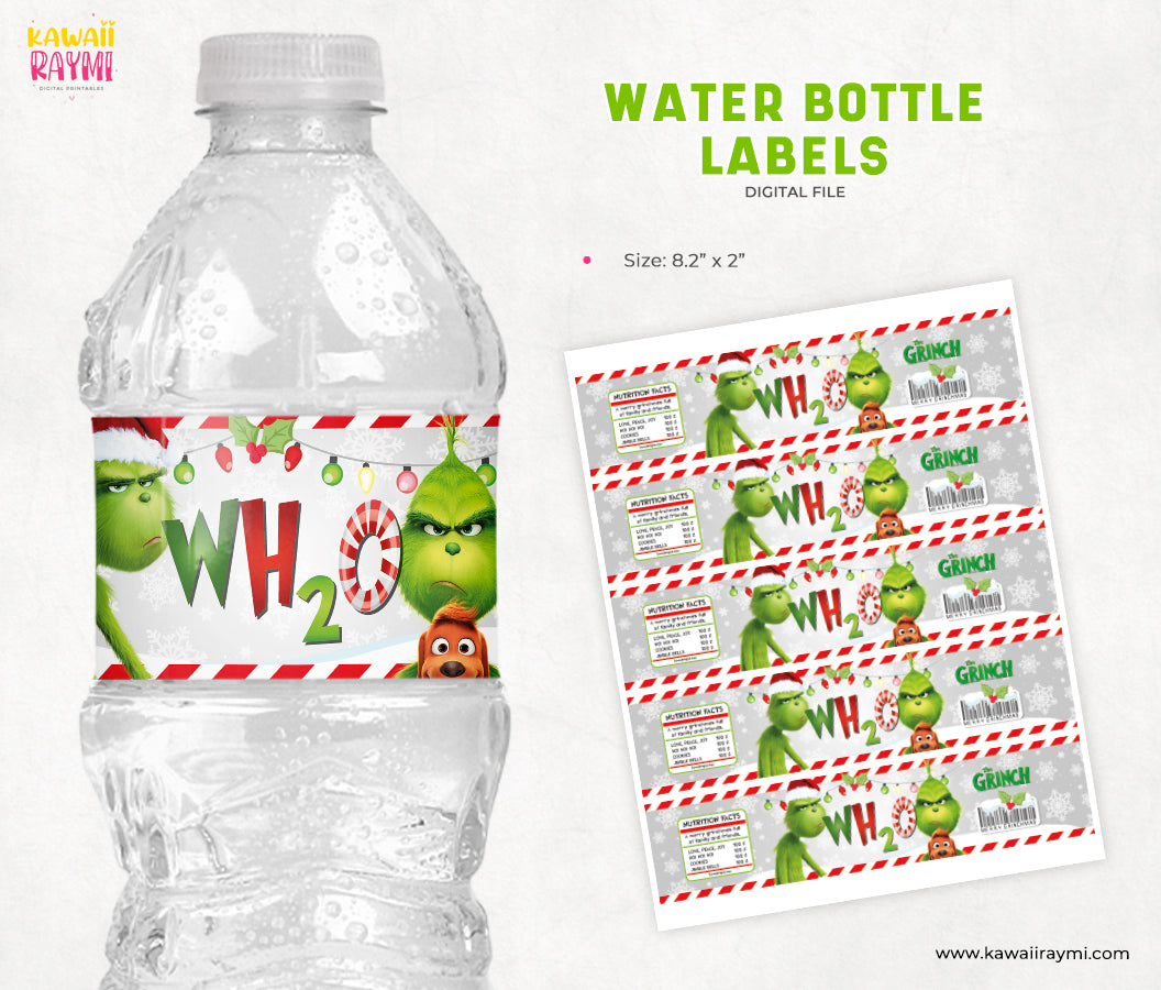 Christmas water label, Grinch wh2o water labels