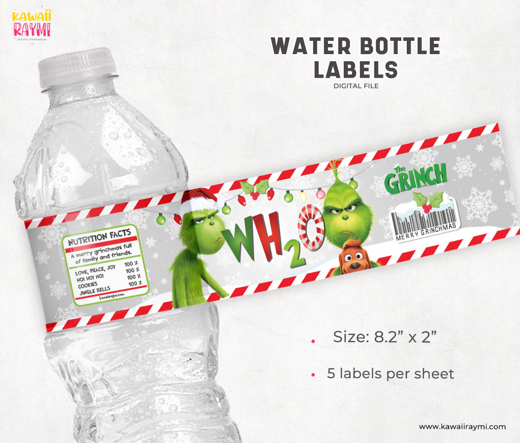 Christmas water label, Grinch wh2o water labels