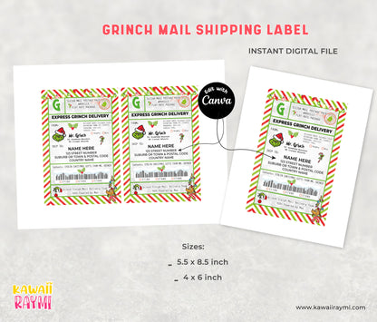 Grinch mail label template, edit the name in Canva, digital file grinchmas mail label