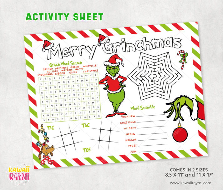 Merry christmas activity sheet, printable merry grinchmas - Instant do – Kawaii Raymi