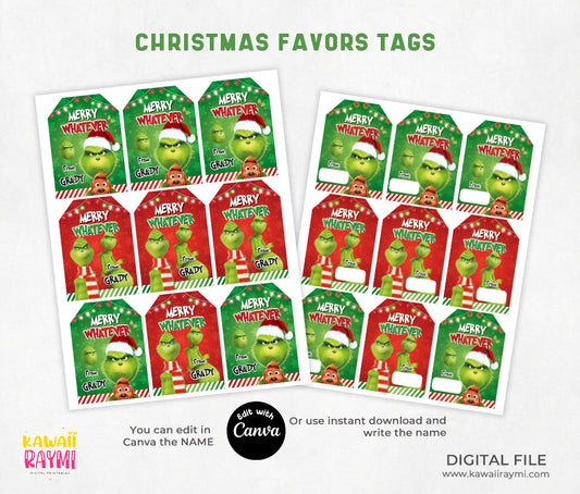 Christmas favor tags, grinchmas tags, merry whatever tags, greeting cards chritsmas thank you tags