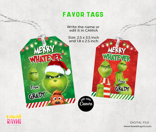 Christmas favor tags, grinchmas tags, merry whatever tags, greeting cards chritsmas thank you tags