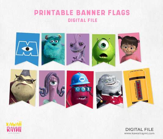 Monsters banner flags printable digital file, banner flags monsters