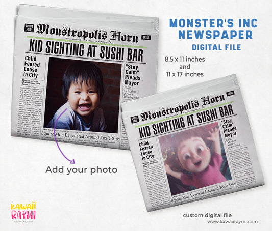 Custom Monsters Inc Newspaper - with photo -Digital Download - monster party