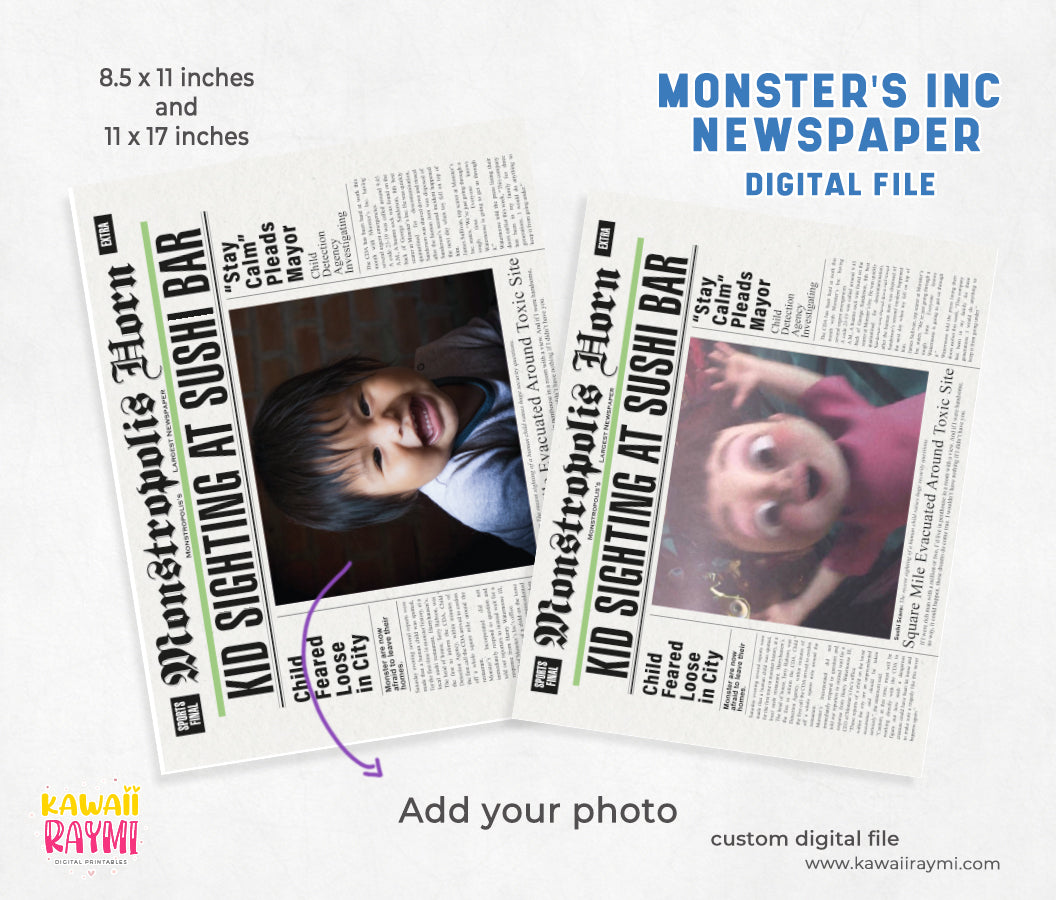 Custom Monsters Inc Newspaper - with photo -Digital Download - monster party