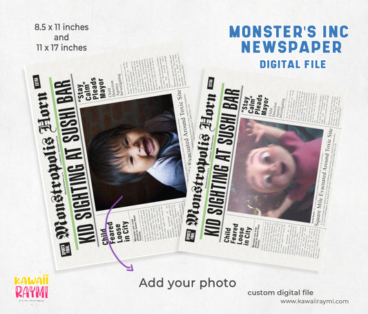 Custom Monsters Inc Newspaper - with photo -Digital Download - monster party