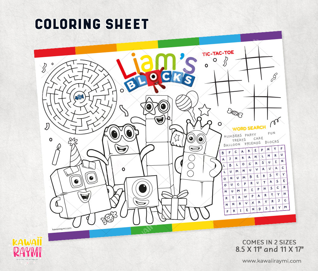 Numberblocks custom coloring sheets, party activity