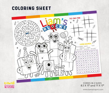 Numberblocks custom coloring sheets, party activity