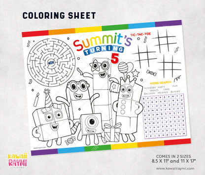 Numberblocks custom coloring sheets, party activity
