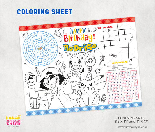 Ash Pokemon coloring sheet, party activity sheet