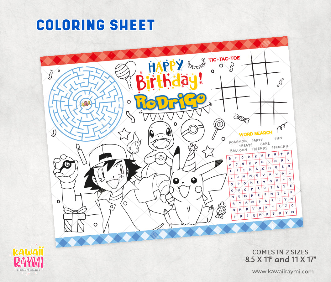 Ash Pokemon coloring sheet, party activity sheet – Kawaii Raymi