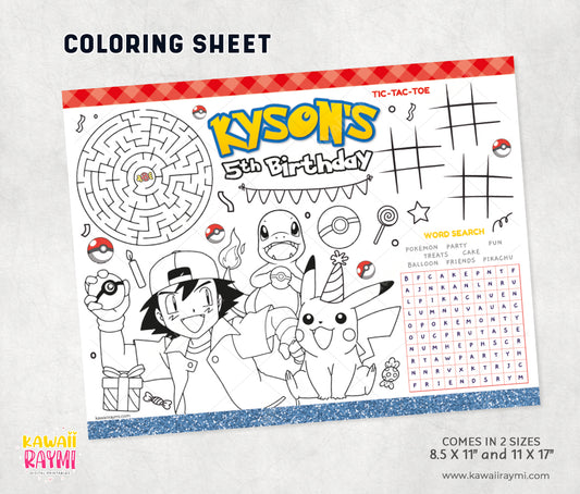 Ash Pokemon coloring sheet, party activity sheet