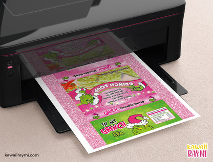 Etiqueta imprimible para bolsa de sopa ramen rosa de Grinchmas, archivo digital de ramen rosa navideño