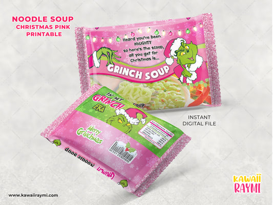 Etiqueta imprimible para bolsa de sopa ramen rosa de Grinchmas, archivo digital de ramen rosa navideño