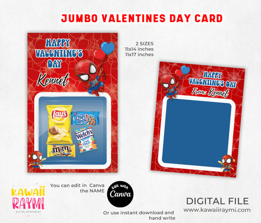 Spiderman Valentine's Day treat card templates, Jumbo Valentines Day card, Canva Template, Superhero spider valentines day card, classroom kids