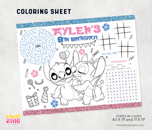 Stitch & Angel Coloring Sheet, party activity sheet-digital file