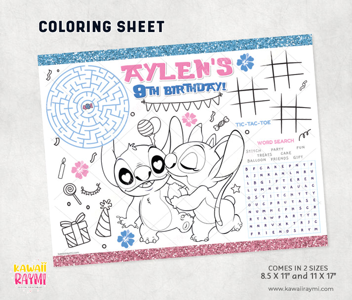 Stitch & Angel Coloring Sheet, party activity sheet-digital file ...
