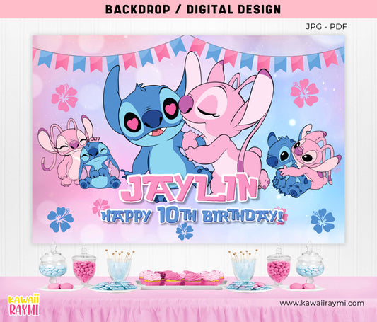 Stitch & Angel custom Backdrop - Birthday Backdrop - cute alien Banner - DIGITAL FILE-jpg