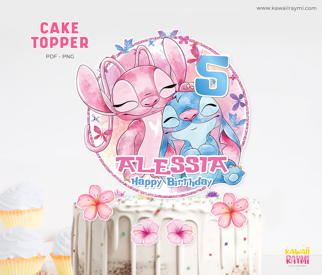 Stitch & Angel Custom Cake Topper – Glitter/Mirror Card, Personalised Name & Age, Lilo & Stitch