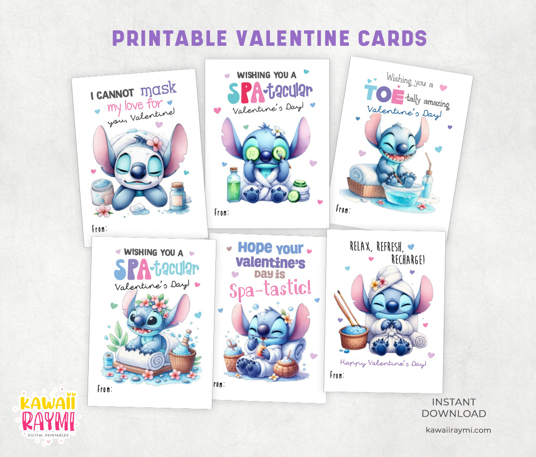 Spa-tacular valentine cards printable, stitch spa valentines day, spa gift tags, digital file stitch mask spa