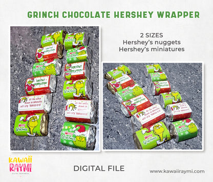 Grinch chocolate hershey nuggets, grinchmas chocolate miniatures printables, christmas mini chocolate wrapper, grinchmas wrapper nuggets digital