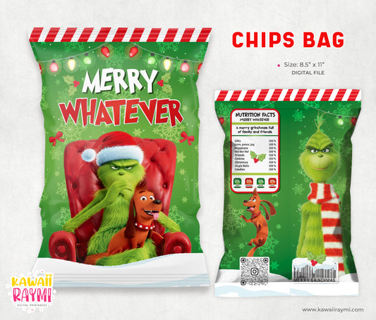 Merry whatever grinchmas chips bag, digital file, christmas party favors, chips bag christmas eve, grinchmas files