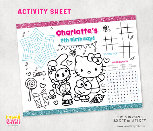 Hello kitty coloring sheet, kitty party activity sheet, digital file