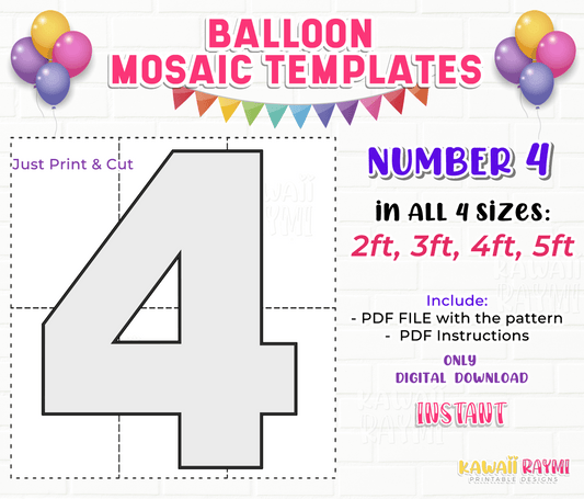 SQUARE Number 4, Balloon Mosaic Template, Mosaic Numbers from Balloons, 2ft, 3ft, 4ft, 5ff
