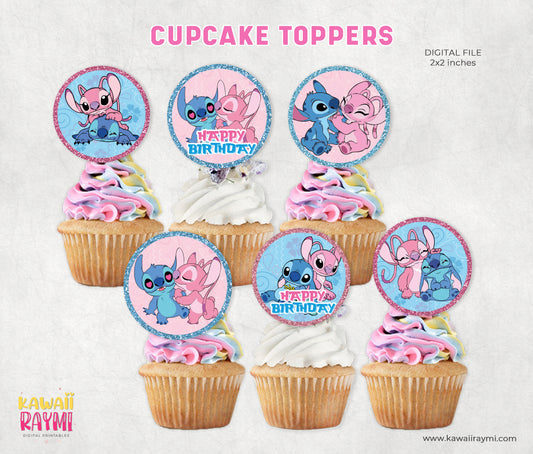 Stitch & Angel Cupcake Topper - Birthday Party Cupcake Toppers - Instant Download-DIGITAL FILE stich