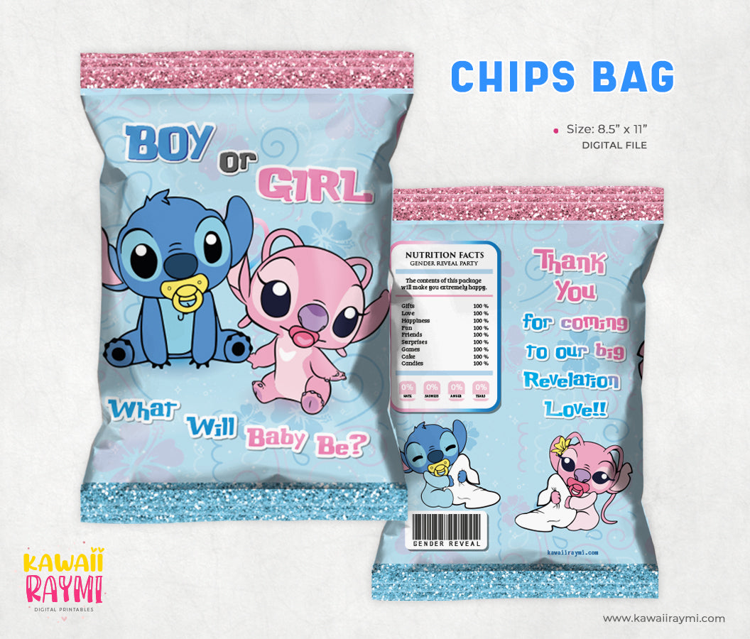 Baby Stitch & Angel - Chips bag-Gender Reveal -Instant Download - DIGITAL FILE