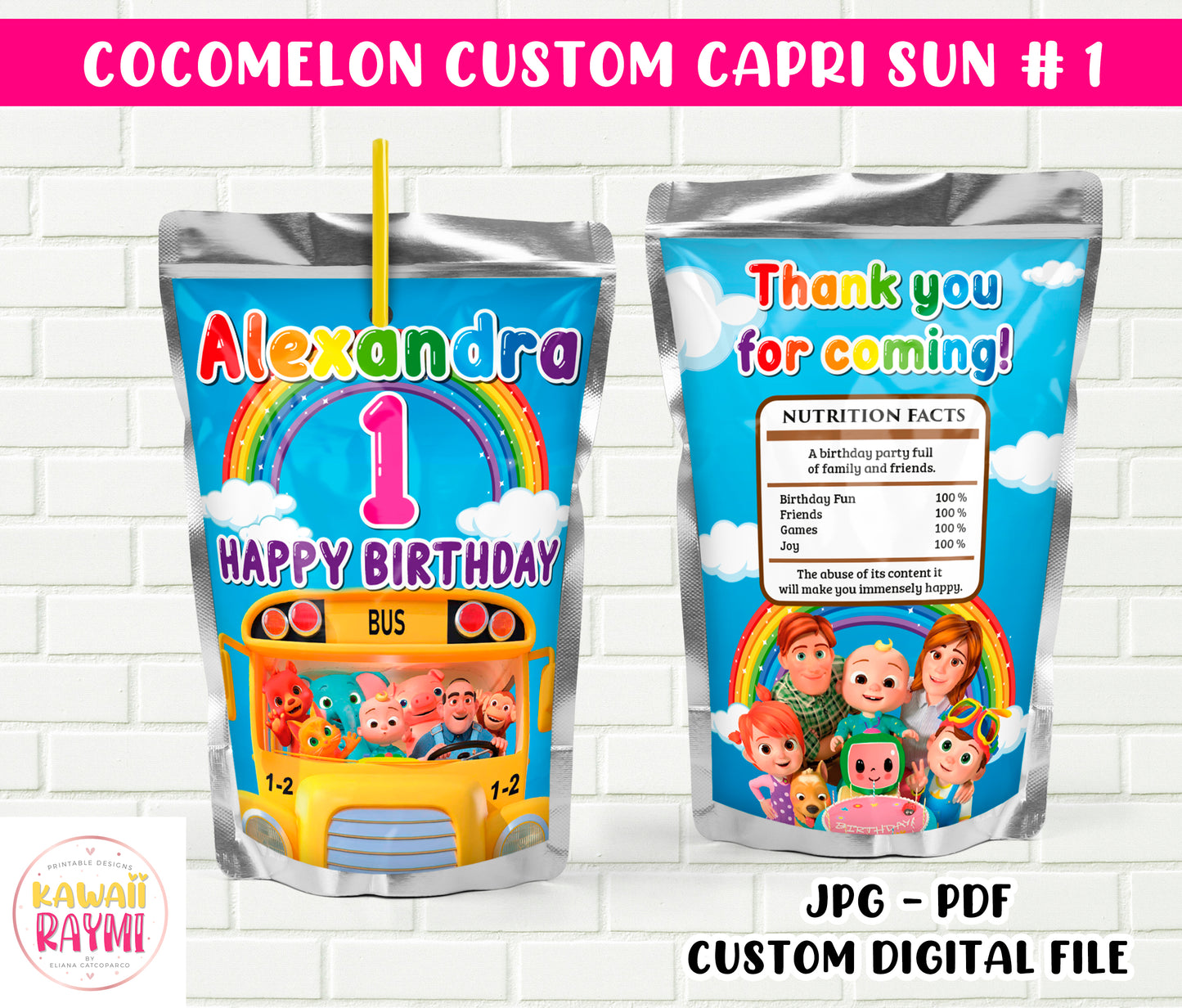 Cocomelon CUSTOM Capri Sun LABEL Printable - Custom Party Favors - Thank You Gifts - Birthday -DIGITAL FILE