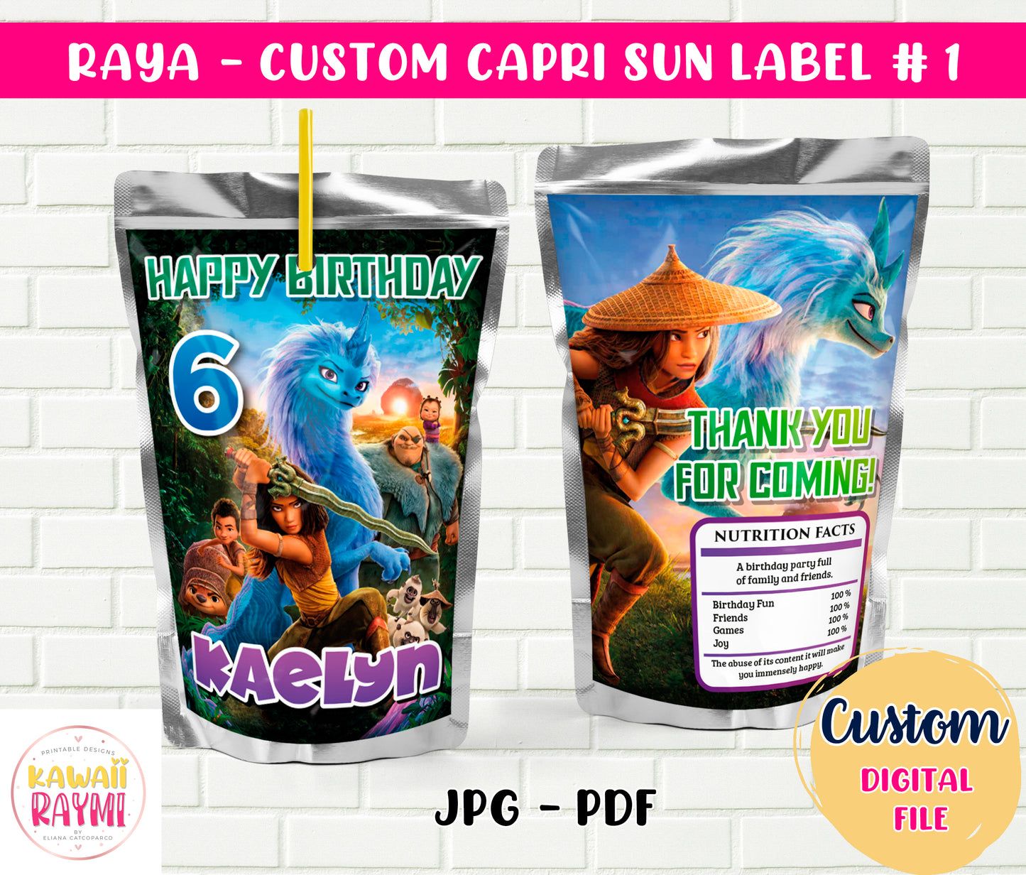 Raya and the last dragon custom Capri Sun LABEL DIGITAL - Custom Party Favors - Thank You Gifts - Birthday -DIGITAL FILE