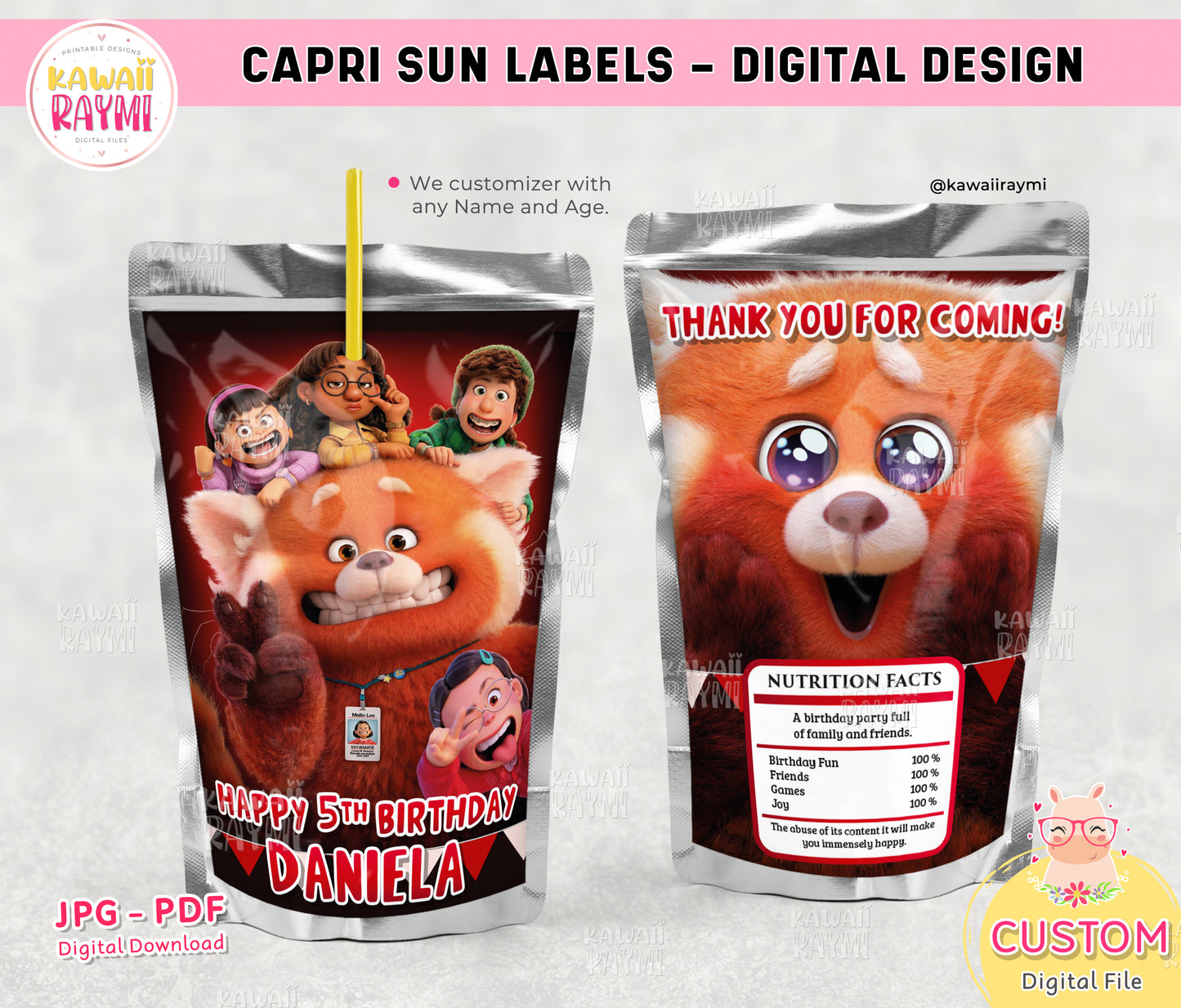 Turning red capri sun label, custom capri sun, digital file, red birthday party capri sun labels printable