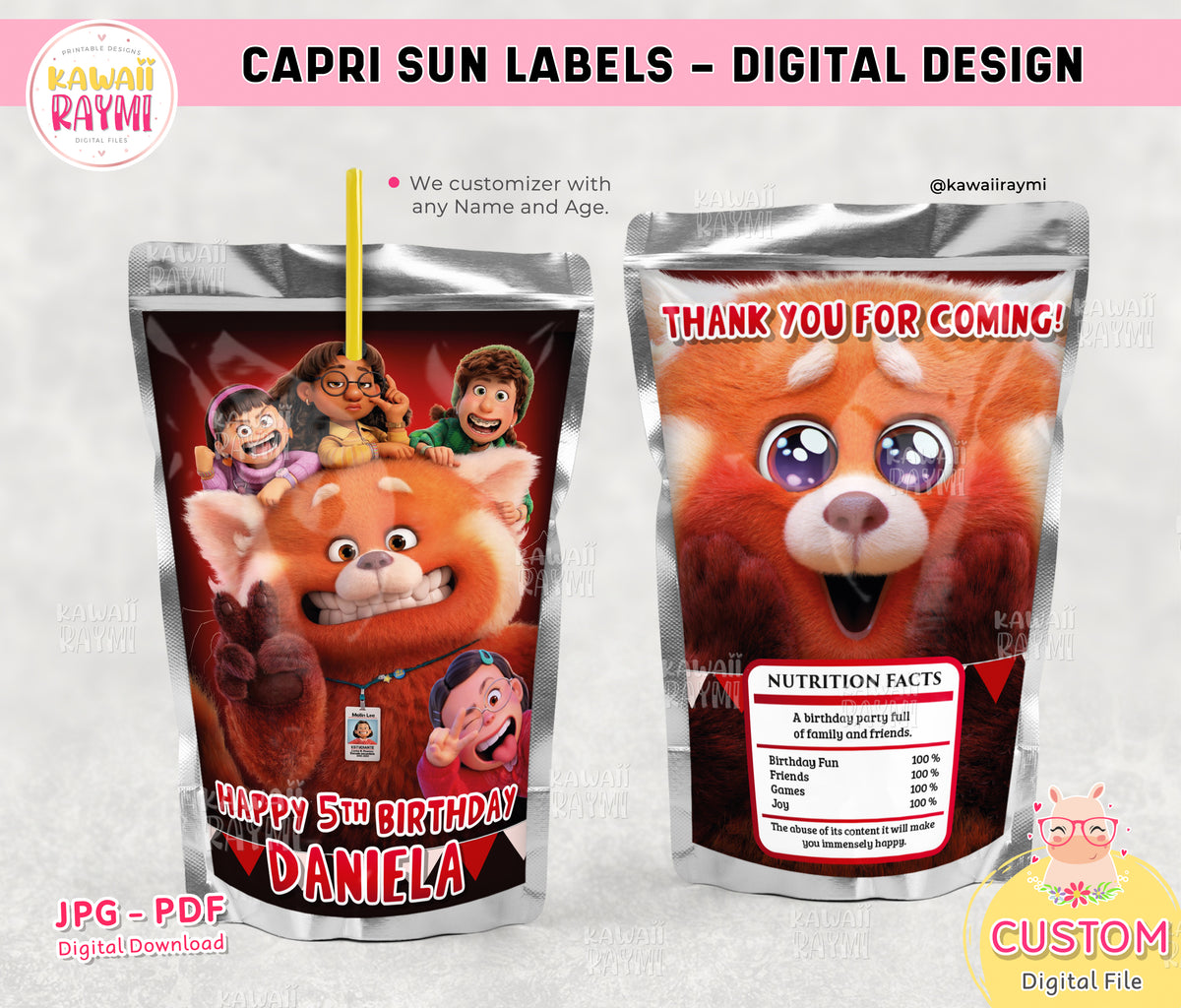 Turning red capri sun label, custom capri sun, digital file, red birth ...