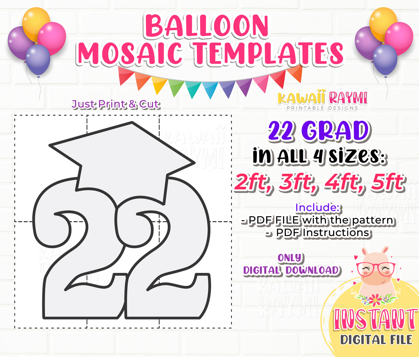 22 Graduation Hat from Balloons, Prom 2022, Mosaic Template, 2022 Graduate, Mosaic Template, Mosaic from Balloons PDF File