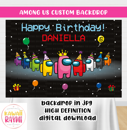 Among Us custom backdrop, happy birthday