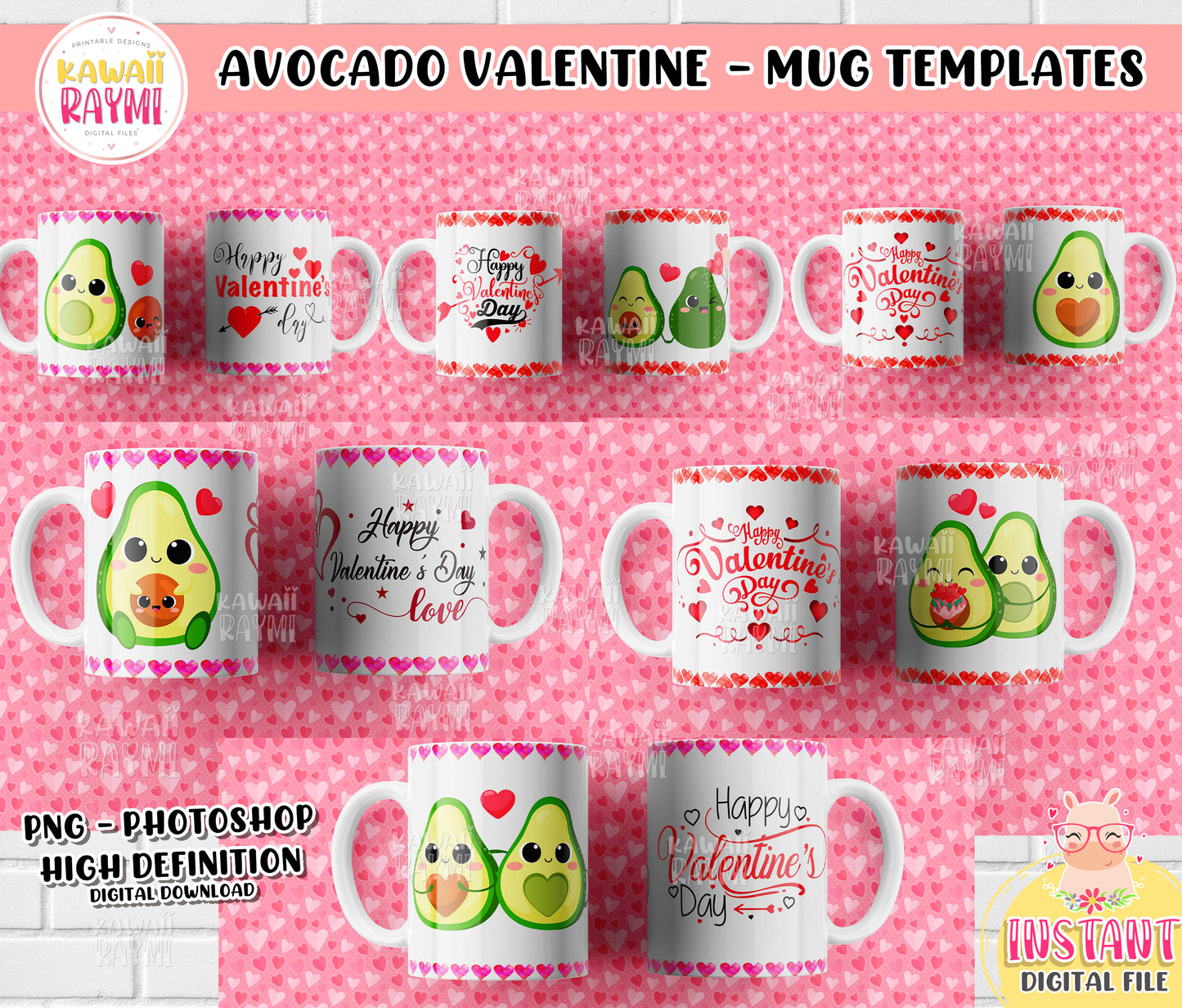 Avocado valentine mug templates, png, photoshop, instant download