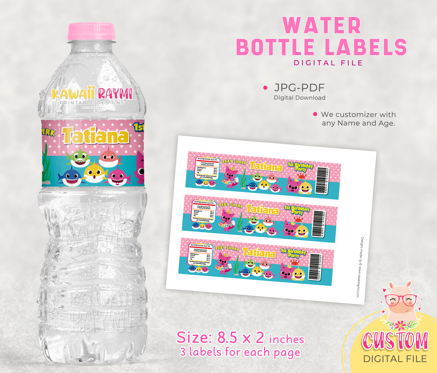 Baby shark custom water bottle labels, digital file, baby shark birthday party water bottle labels