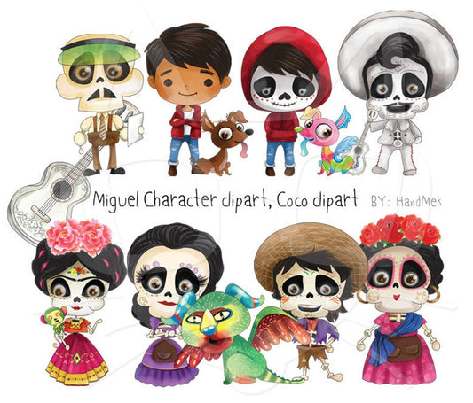Imágenes prediseñadas de personajes de Miguel, imágenes prediseñadas de Coco disney, descarga instantánea