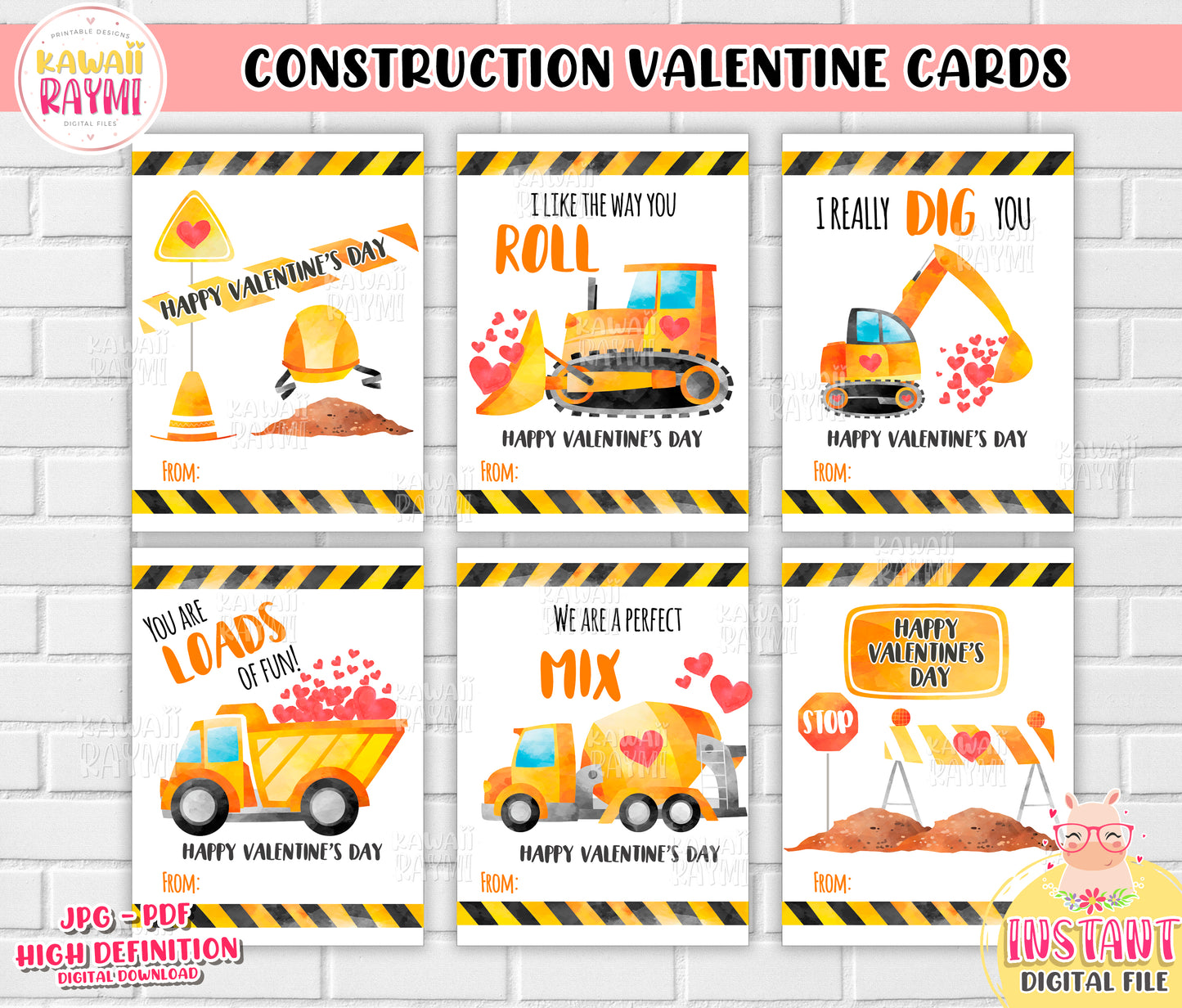 Kids Valentine Cards INSTANT DOWNLOAD Construction Vehicles, Construction Trucks Day DIY Printable Cards