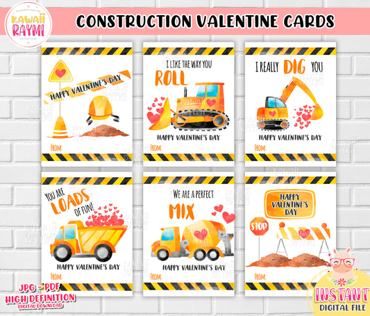 Kids Valentine Cards INSTANT DOWNLOAD Construction Vehicles, Construction Trucks Day DIY Printable Cards